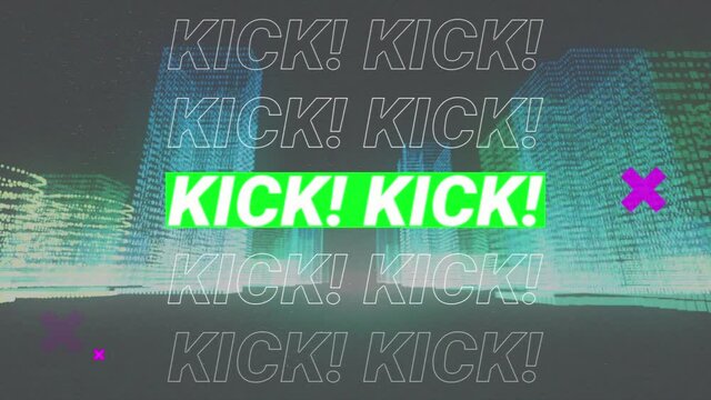 Animation of kick in white text with pink crosses and green lines over digital moden buildings