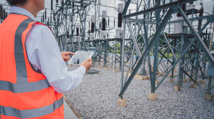 Engineers are checking the operation of the system by laptop, weekly check the system of the power...