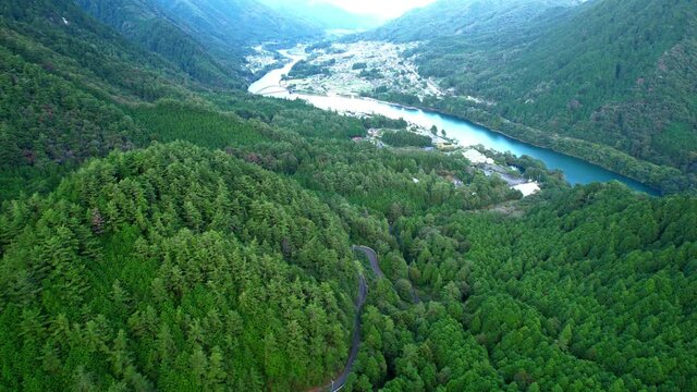 木曽川の夕景　ドローン空撮