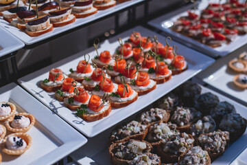 Catering table, beautifully decorated banquet with variety of with different food snacks and appetizers on corporate birthday party event or wedding celebration, seafood, canape, delicatessen setting