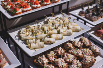 Catering table, beautifully decorated banquet with variety of with different food snacks and appetizers on corporate birthday party event or wedding celebration, seafood, canape, delicatessen setting