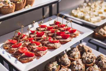 Catering table, beautifully decorated banquet with variety of with different food snacks and appetizers on corporate birthday party event or wedding celebration, seafood, canape, delicatessen setting