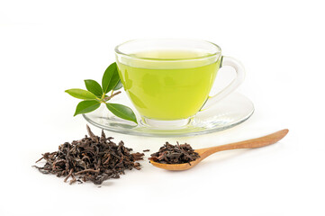 Green tea in glass cup with dry tea and leaves isolated on white background.