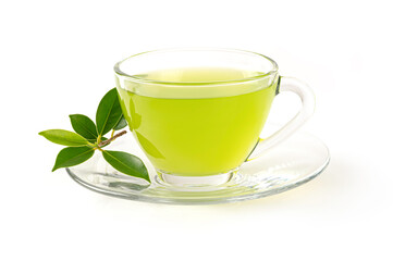 Cup of tea with leaves isolated on white background.
