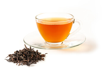 Green tea in glass cup and leaves isolated on white background.