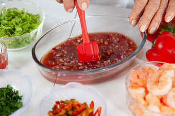 Close-up of the preparation process of a delicious shrimp ceviche