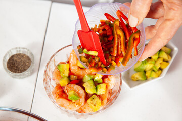 Close-up of the preparation process of a delicious shrimp ceviche