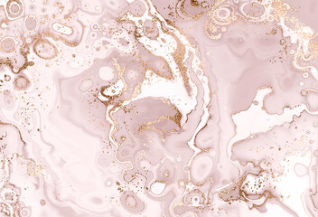 Liquid marble abstract painting print background with gold bubble and glitter dust.