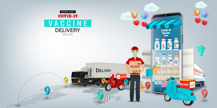 Vaccine on Mobile Application , Covid-19 vaccine Online on smartphone. Online order tracking,Delivery home and office. City logistics. Warehouse, truck, forklift, courier. vector illustration.