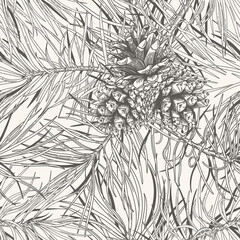Winter seamless pattern with pine branches and cones. Botanical vector  illustration.  Engraving style. Black and White background.