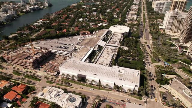 Aerial Flyover Bal Harbour Florida Mall Shops. 5k Drone Video Downward Angle