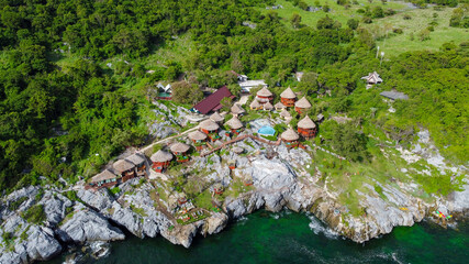 Aerial view from drone of Paree Hut resort in Si Chang island, Thailand with features accommodation...