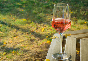 Glass with frizzante on blurred autumn background