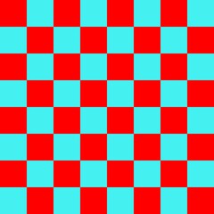 Checkerboard 8 by 8. Cyan and Red colors of checkerboard. Chessboard, checkerboard texture. Squares pattern. Background.