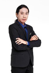 Asian businessman in black suit with self confident character pose to camera against white background