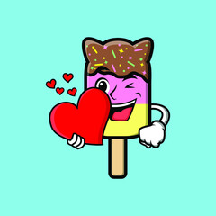 A sweet ice cream cartoon holding big heart vector image on blue background cartoon icon illustration design isolated flat cartoon style