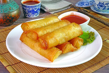 Spring rolls.Deep fried crispy spring rolls, popular Chinese appetizer, vegetarian food
