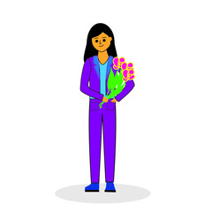 a girl in a business lilac pantsuit with a bouquet of flowers, flat design style, holiday, congratulations, banner