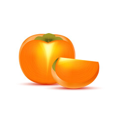 Persimmon with persimmon slices. Vitamins, Healthy food fruit. On a white background. Realistic 3D Vector illustration. 