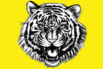 正面を向いて吠えている虎の顔の年賀状テンプレート