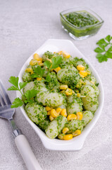 Gnocchi with corn and green sauce