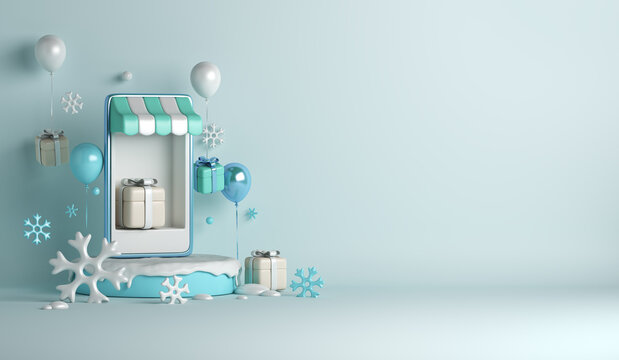 Winter sale background with smartphone kiosk, balloon, snowflakes, gift box, online shop concept, copy space text, 3D rendering illustration