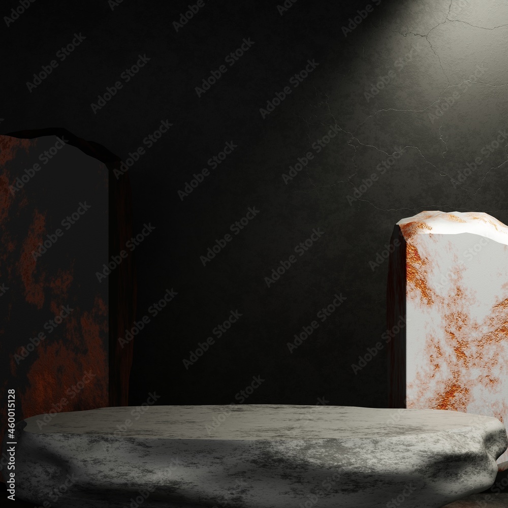 Poster rock and stone pedestal podium on dark grey concrete studio room background for presentation templat
