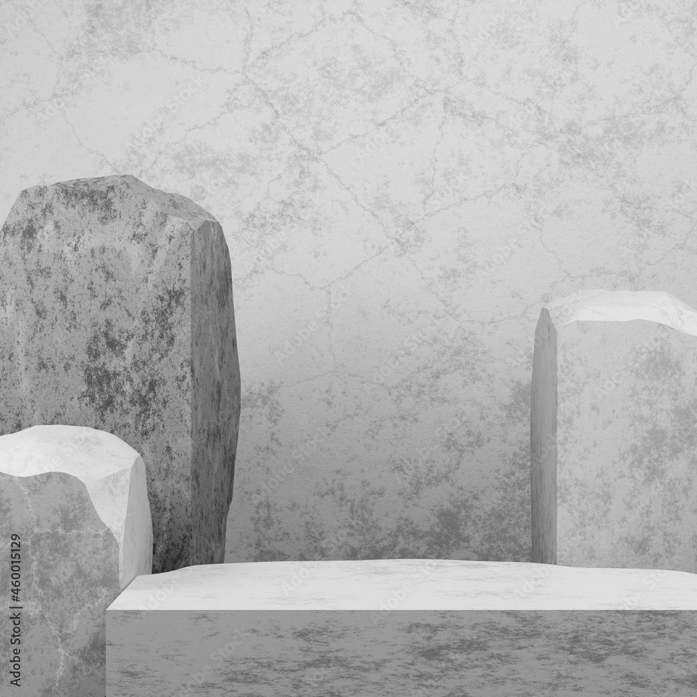 Poster rock and stone pedestal podium on light grey concrete studio room background for presentation mock u