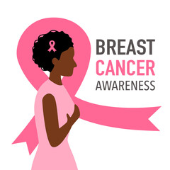 Breast cancer awareness month concept vector illustration. African woman wear pink dress with pink ribbon logo on her hair in flat design.