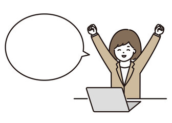 パソコンの前でガッツポーズをするビジネスウーマン 吹き出し