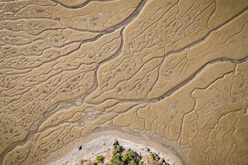 Birds Eye Aerial View of Sand Texture Veins in Saltwater Mud Flats