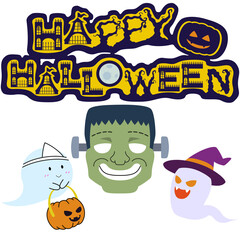 ハロウィンのロゴとフランケンシュタインとゴーストのイラスト
