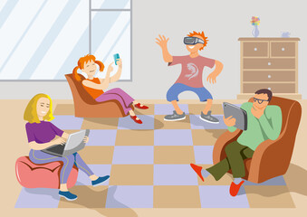 Family members using electronic gadgets at home, business and entertainment, flat cartoon vector illustration