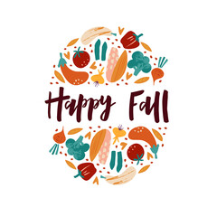 Harvesting season hand drawn vector banner template. Happy Fall lettering in decorative ripe vegetables round frame. Eco produce fair, organic farming, harvest gathering event poster design element