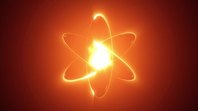 Dynamic neon lights atom model. Abstract fire atom or fireball animation rotation around nucleus on black background. Concept of science, energy, matter, quantum physics.