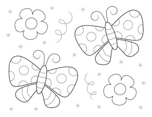 butterflies and shapes, cute design with flowers, coloring sheet suitable for kids or adults. you can print it on standard 8.5x11 inch paper