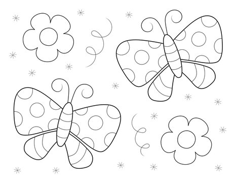 Butterflies And Shapes, Cute Design With Flowers, Coloring Sheet Suitable For Kids Or Adults. You Can Print It On Standard 8.5x11 Inch Paper