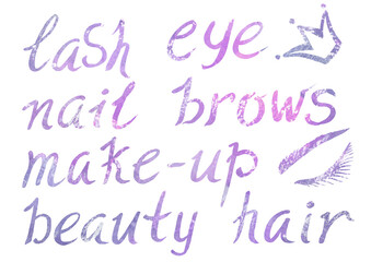 Watercolor artistic multicolor Set of Makeup elements a beauty theme on a white background. Hand written cursive calligraphy Letters, crown symbol and eyelash. Watercolour violet, gray, purple and
