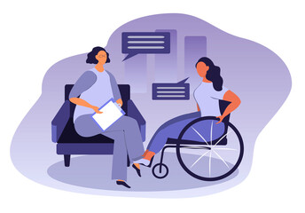 vector illustration on the theme of helping people with limited mobility. woman psychologist talking to a woman in a wheelchair. trend illustration in flat style