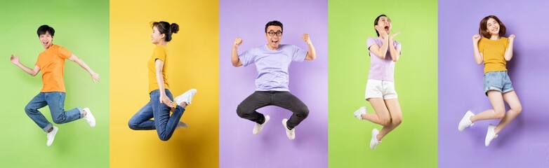 Collage of ten happy carefree jumping, isolated on background