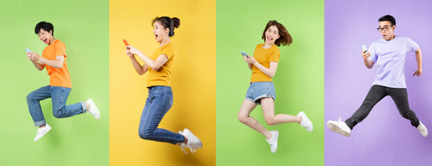 Collage of ten happy carefree jumping, isolated on background , smartphone