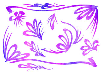 Watercolor vintage abstract colorful pattern artistic multicolor Set of elements in the style of line art wedding theme on a white background for your design. Doodle and scribble. colorful violet