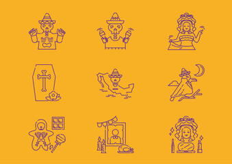 day of dead mexico line icons