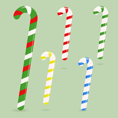 A cute set of five candy canes isolated on a light green background. Vector illustration.