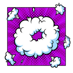 Surprising boom cloud in halftone background for sales and promotions. Purple banner template for surprises and bursting events. Vector illustration in pop art style