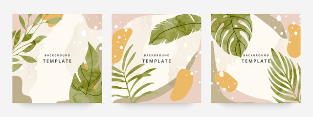 Obraz na płótnie Canvas Square web banners background for social media with place for text and photo. Tropical leaves and organic shape watercolor style background for advertising, social media post, wall art, canvas prints.