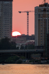 Sunset on a pond in the center of the city. Yekaterinburg, Russia