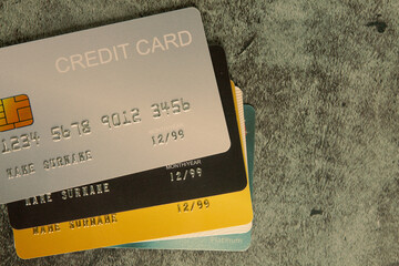 Close-up image of credit cards with selective focus.	