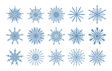 Set of hand drawn blue snowflake icon isolated on white background. Winter design element snow flake frost crystal circular ornament