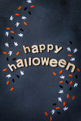 Fototapeta na wymiar Halloween greeting card with ghosts, spiderweb, pumpkin and bats
